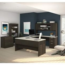 Discount 🧨 Office Desks Bestar Ridgeley 65" U-Shaped Desk W/Lateral File & Bookcase, Dark Chocolate/White Chocolate (52850-31) 💯
