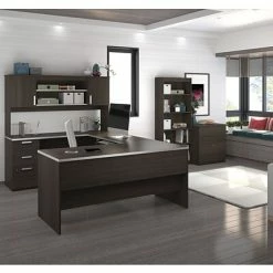 Coupon 🎉 Office Desks Bestar® Ridgeley 65" U-shaped Desk W/Lateral File & Bookcase, Dark Chocolate (52850-79) 😉