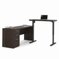 Coupon 🧨 Office Desks Bestar® Embassy 71"W L-Desk Including Electric Height Adjustable Table In Dark Chocolate (60885-79) ⌛