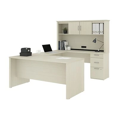 Deals 🧨 Office Desks Bestar Logan 66W U Or L-Shaped Executive Office Desk With Pedestal And Hutch, White Chocolate (46410-31) ⌛ - Image 2