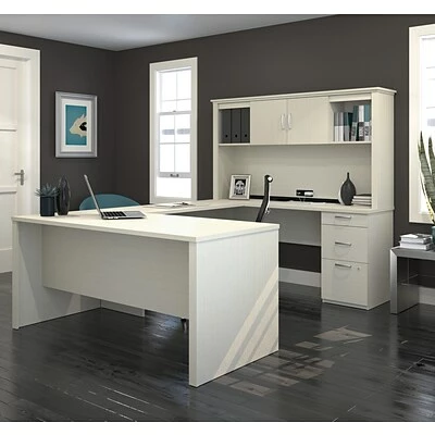 Deals 🧨 Office Desks Bestar Logan 66W U Or L-Shaped Executive Office Desk With Pedestal And Hutch, White Chocolate (46410-31) ⌛ - Image 7