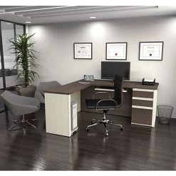 Best deal 🧨 Office Desks Bestar® Prestige+ L-Station And 1 Pedestal In White Chocolate & Antigua ⌛