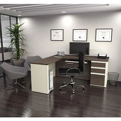 Best deal 🧨 Office Desks Bestar® Prestige+ L-Station And 1 Pedestal In White Chocolate & Antigua ⌛