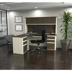 Discount ⌛ Office Desks Bestar® Prestige+ 71"W L-Station And 2 Pedestals In White Chocolate & Antigua (99852-52) ✔️