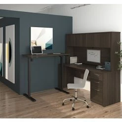 Deals ❤️ Bestar Office Desks Embassy L-Desk With Hutch Including Electric Height Adjustable Table In Dark Chocolate ✨