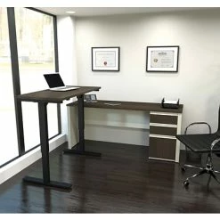 Flash Sale 💯 Office Desks Bestar® Prestige+ L-Desk W/ Height-Adjustable Table In White Chocolate & Antigua 🥰